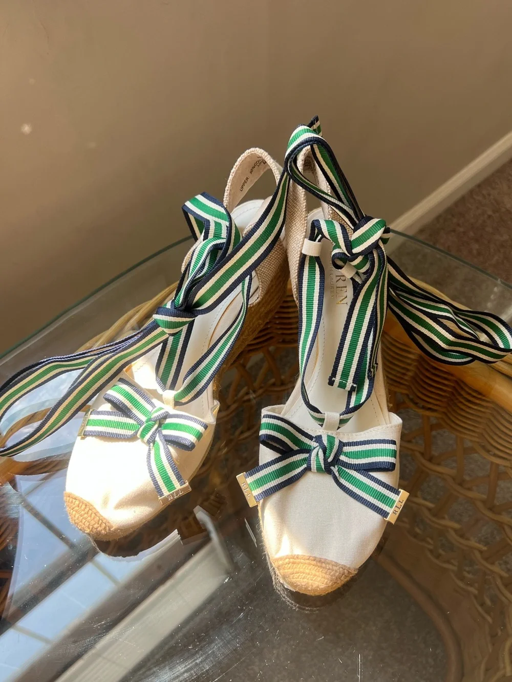 Lauren Ralph Lauren Canvas Espadrille Wedge Sandals Ribbon Lace Up Size 9 New